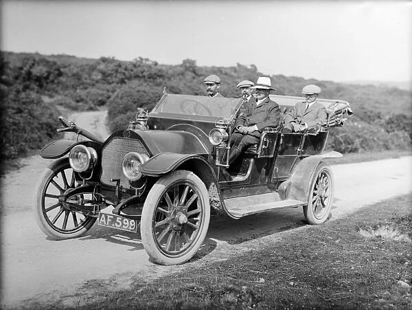 A Darracq motor car. Probably photographed on the open moor between Chun and Men-an-Tol, near Penzance, Cornwall. 1911