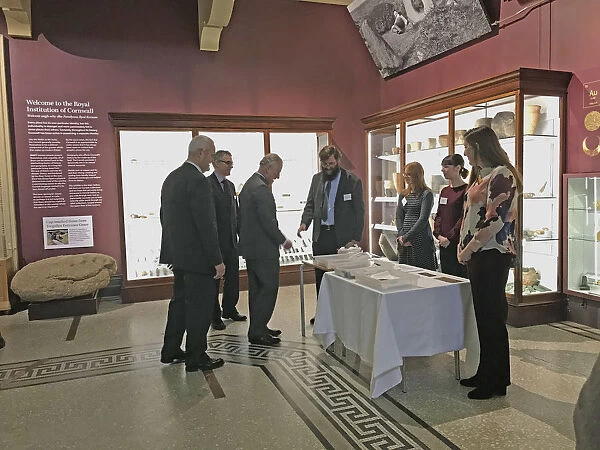 Duke of Cornwall views archaeology collections during a visit to the Royal Cornwall Museum to mark the bicentenary year of the Royal Institution of Cornwall, River Street, Truro, Cornwall. 22nd March 2018