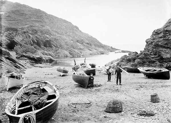 Fishermen and boats on the beach at Portloe, Veryan, Cornwall. 3rd July 1912