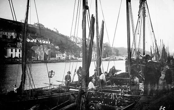 Fishing boats, East Looe Quay, Looe, Cornwall. Around 1890