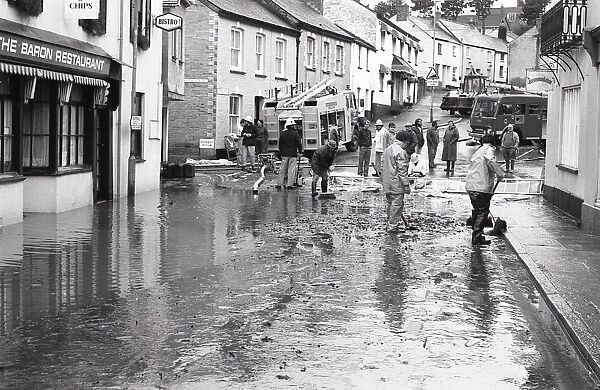 Flooding, Queen Street, Lostwithiel, Cornwall. November 1986