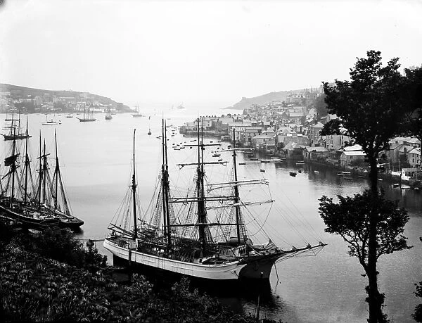 Fowey harbour, with masted ships, Cornwall. 1904