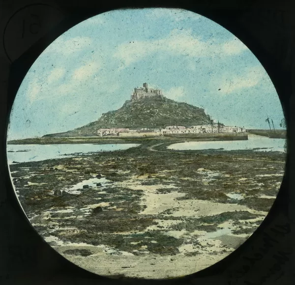 General view along the causeway to St Michael's Mount, Mounts Bay, Cornwall. Around 1890