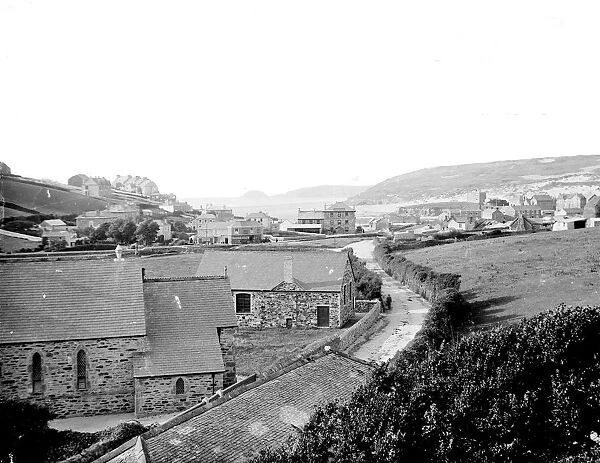 General view of the town and beach from the railway embankment, Perranporth, Perranzabuloe, Cornwall. Early 1900s