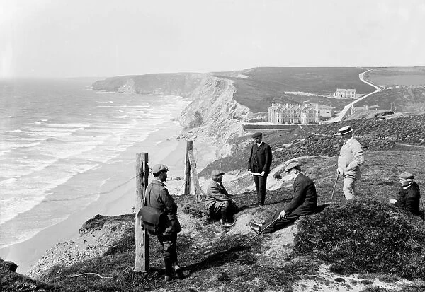 Group on a clifftop near Watergate Bay Hotel, St Columb Minor, Cornwall. June 1909