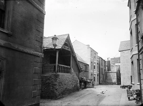 Guild Hall with the Fishermans Arms opposite. East Looe, Cornwall. Around 1880