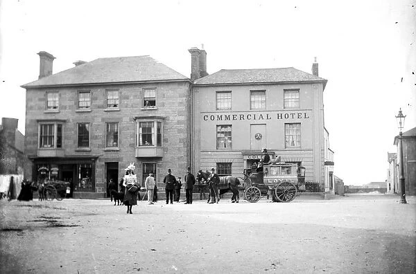 The horse bus Loyal (Penzance to St Just) at the Commercial Hotel in Market Square, St Just, Cornwall. Before 1906