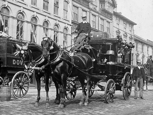 Horse and carriage from the Royal Hotel, Boscawen Street, Truro, Cornwall. Early 1900s