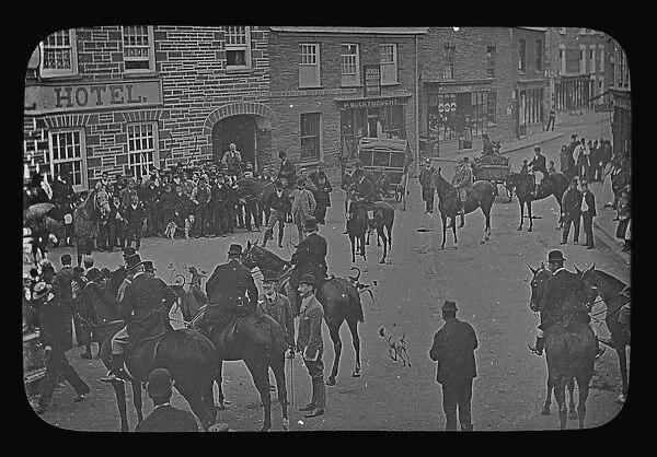 A hunt meet outside the Commercial Hotel, Newquay, Cornwall. Early 1900s