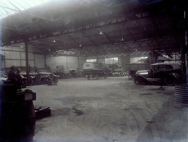 Interior of Princes Garage with vehicles, H. T. P. Motors Ltd, Truro, Cornwall. Early 1920s