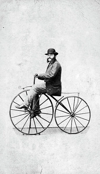 Joseph Tangye (1826-1902) on a velocipede, probably Wolverhampton, West Midlands. Around 1870