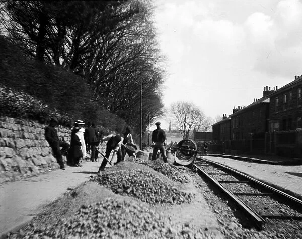 Laying track for the Camborne Redruth tramway, Redruth, Cornwall. Around 1902