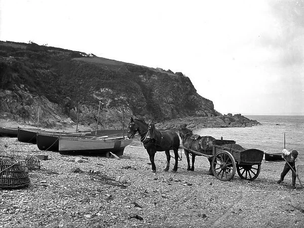 Loading and carting shingle at Porthallow, St Keverne, Cornwall. July 1912