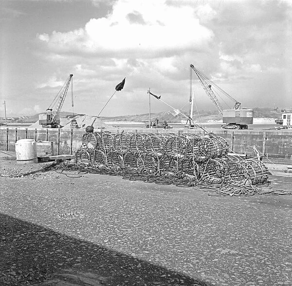 Lobster pots on Fish Quay, Padstow Harbour, Cornwall. 1968