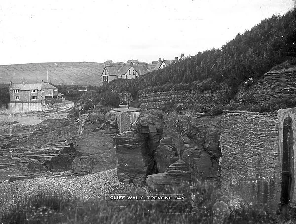 Looking east along the cliff walk at Newtrain Bay, Trevone, Padstow, Cornwall. Probably 1930s