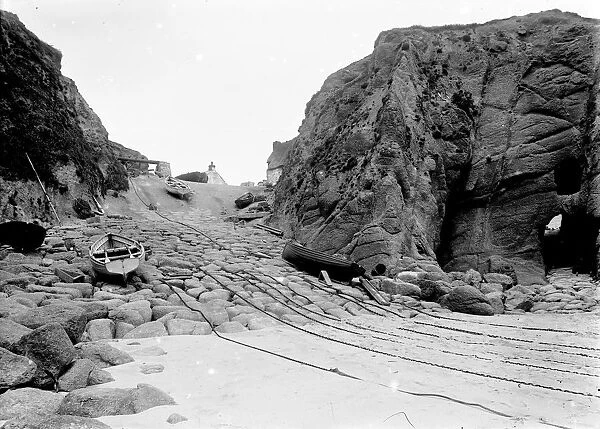 Looking up the slipway to the capstan, Porthgwarra, Cornwall. Early 1900s