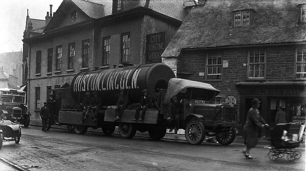 Lorry carrying a large boiler through Truro, Cornwall. September 1926