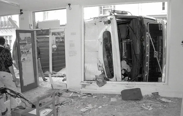 Framed Print : Lorry crash, Lostwithiel, Cornwall. September 1990 Framed Print : Lorry crash, Lostwithiel, Cornwall. September 1990