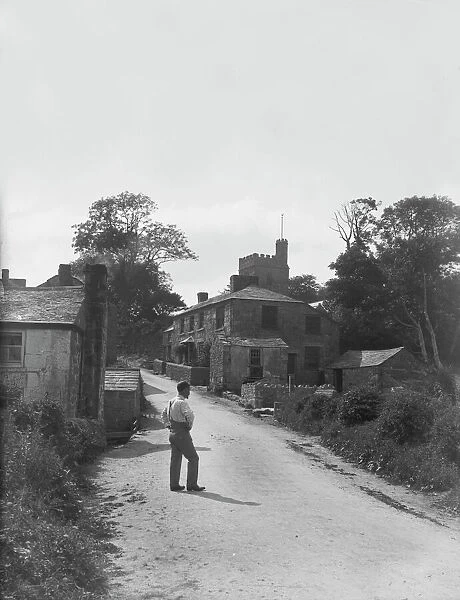 Luxulyan village, with church tower in the background, Cornwall. 1914