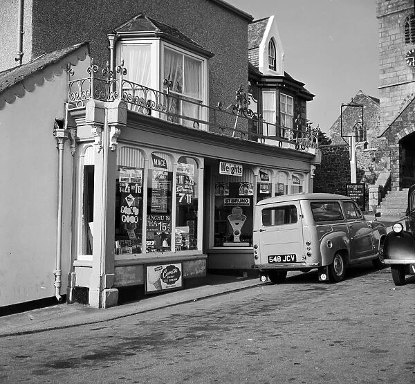 Mace grocery store in The Square, St Keverne, Cornwall. 1967