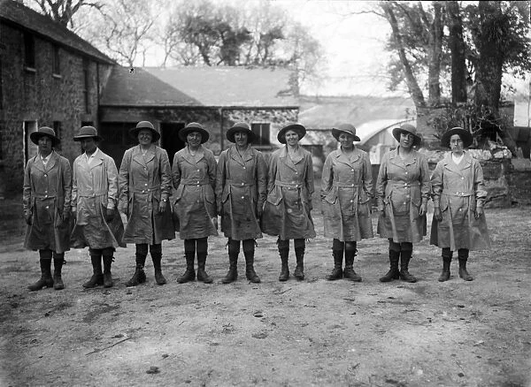 Members of the First World War Womens Land Army at Tregavethan Farm, Truro, Cornwall. April-May 1917