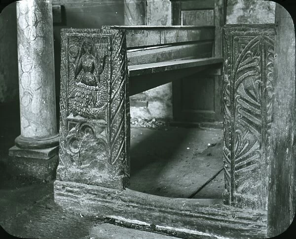 The Mermaid of Zennor bench end in Zennor Church, Cornwall. Around 1925