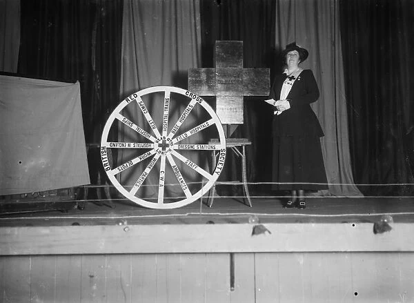 Mrs Morse with a Red Cross display, lecturing on the Cornwall Work Auxiliary (part of the Red Cross), Truro. April 1917