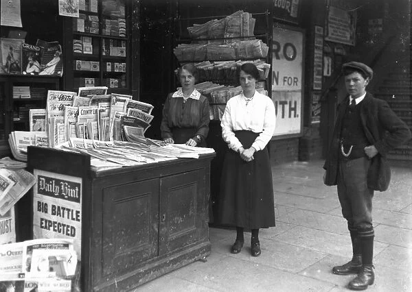 Newsagent stand at Truro railway station, Cornwall. 1915
