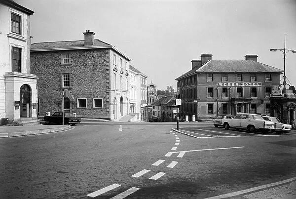 The Parade, from Barras Place or West Street, looking towards Pike Street and Webbs Hotel, Liskeard, Cornwall. 1969