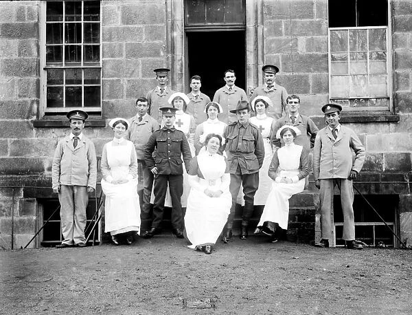 Patients and nurses outside the Royal Cornwall Infirmary, Truro, Cornwall. Probably 28th January 1916