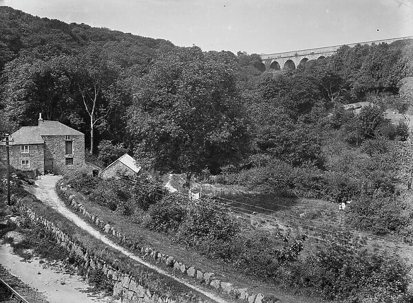 Rock Mill with Treffry Viaduct / Aqueduct in the background, Luxulyan, Cornwall. 1909
