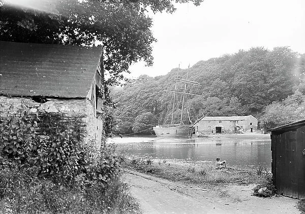 A topsail schooner beached at Lerryn, St Veep, Cornwall. Early 1900s