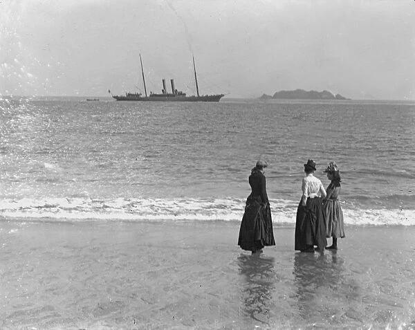 Unidentified two funnelled steam yacht off Harlyn Bay, St Merryn, Cornwall. Probably early 1900s