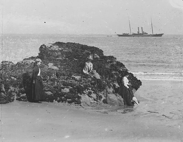 Unidentified two funnelled steam yacht off Harlyn Bay, St Merryn, Cornwall. Probably early 1900s