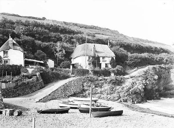 View from the beach to The Cottage, Porthoustock, St Keverne, Cornwall. 1908