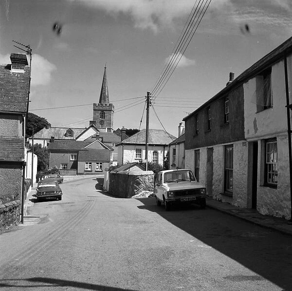 A view towards the church from Commercial Road, St Keverne, Cornwall. 1978