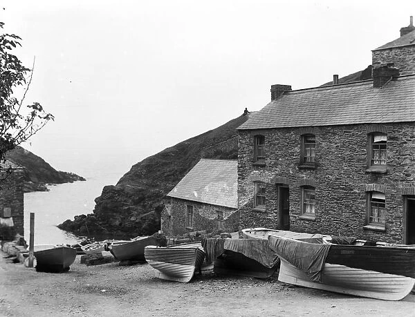 View of cottages and boats on slipway, Portloe, Veryan, Cornwall, 21st August 1911