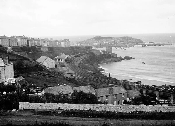 View of St Ives with the railway station in foreground. Around 1880