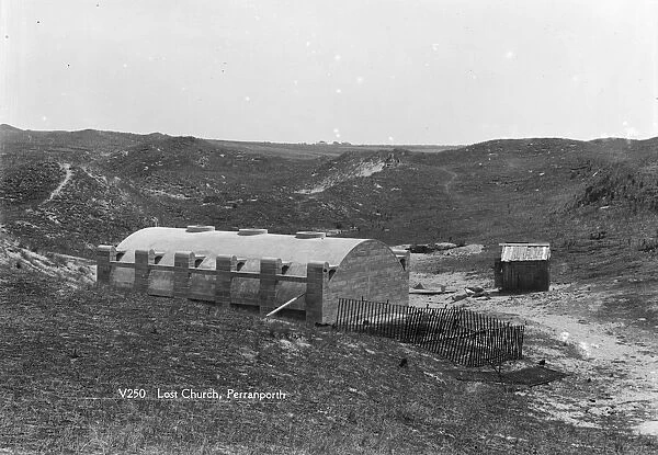 A view of St Pirans Oratory under the new concrete shell, Perranzabuloe, Cornwall. 1910 or soon after