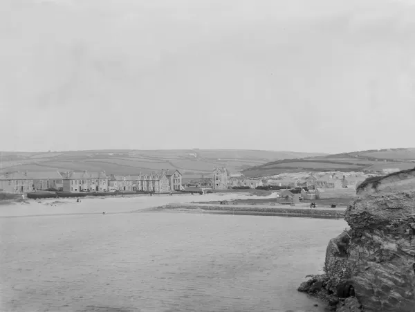 View of the town and the promenade from the cliff near Droskyn, Perranporth, Perranzabuloe, Cornwall. Early 1900s