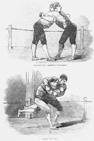 Westmoreland and Cornish wrestlers, engraving. 1851