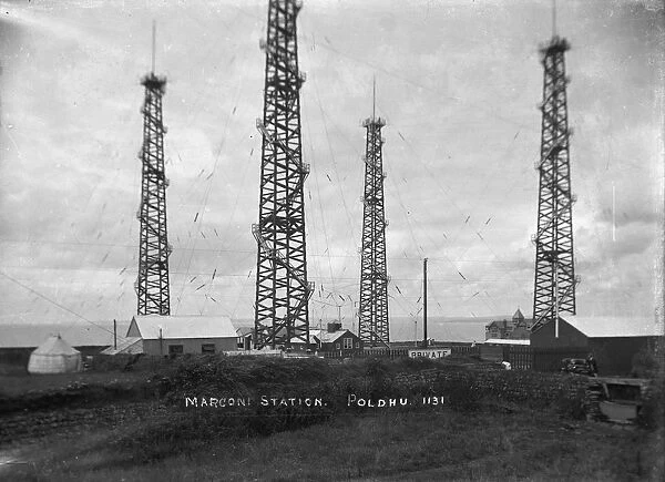 The four wooden Marconi wireless towers at Poldhu, Mullion, Cornwall. Before 1912