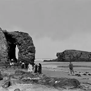 Beach with Arch Rock and Chapel Rock (including Lion Rock), Perranporth, Perranzabuloe, Cornwall. Early 1900s