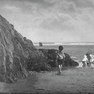 Children on beach at Perranporth, Perranzabuloe, Cornwall. Early 1900s