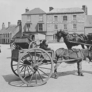 A donkey and cart in Market Square, St Just in Penwith, Cornwall. Early 1900s