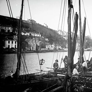 Fishing boats, East Looe Quay, Looe, Cornwall. Around 1890