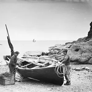 Fishing boats and fishermen on beach, Portloe, Veryan, Cornwall. July 1912