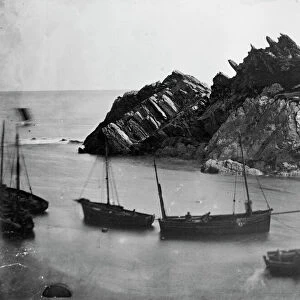 Fishing boats off Chapel Rock, Polperro, Cornwall. Probably 1860s-1870s