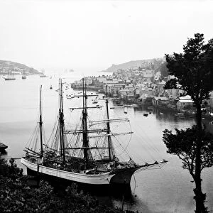 Fowey harbour, with masted ships, Cornwall. 1904
