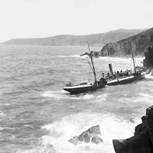 General view of the French SS Paknam wrecked at Pendeen, St Just in Penwith, Cornwall. May 1895